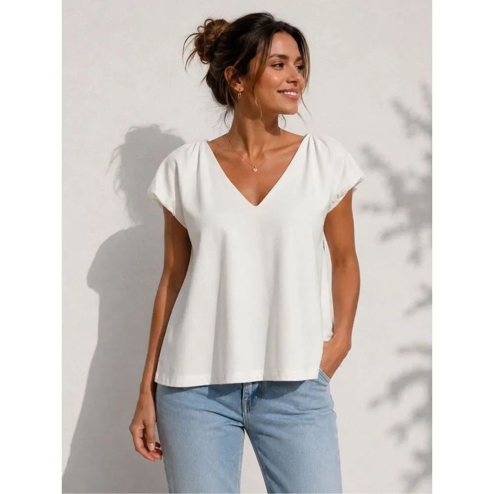 English Factory White Cotton Puff Sleeve V Neck Top Blouse Size M